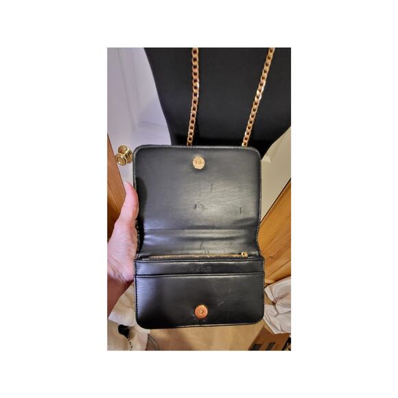 BeBe Crossbody purse, black, long gold color strap, divided sections. - Picture 8 of 13